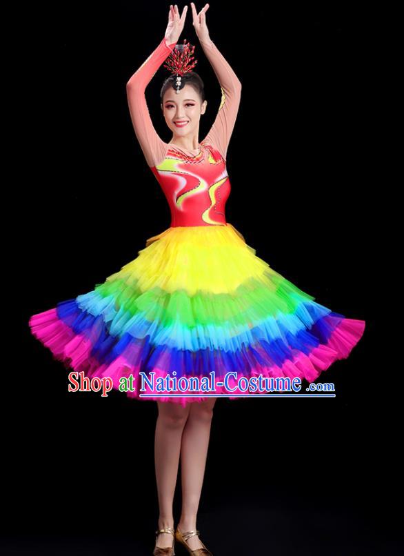 China Group Stage Show Rainbow Short Dress National Game Opening Dance Costume Modern Dance Clothing