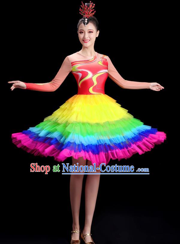 China Group Stage Show Rainbow Short Dress National Game Opening Dance Costume Modern Dance Clothing