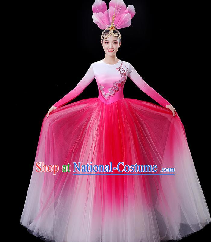 China Stage Show Fashion Modern Dance Costumes Opening Dance Pink Dress Women Group Flower Performance Clothing