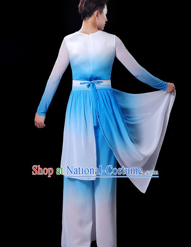 Top Drum Dance Costume Folk Dance White and Blue Outfit Male Group Fan Dance Clothing Stage Show Fashion