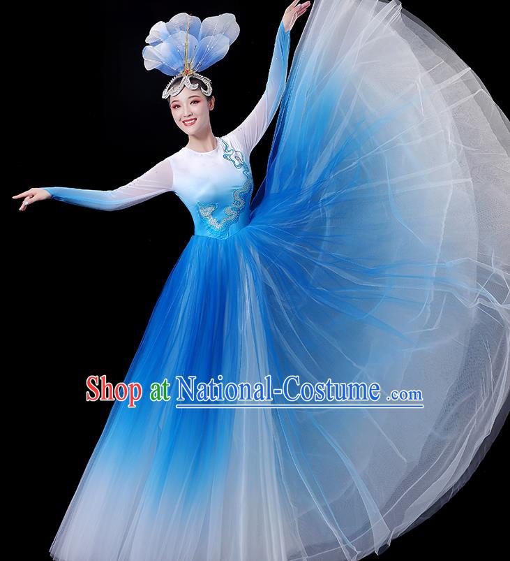 China Women Group Flower Performance Clothing Stage Show Fashion Modern Dance Costumes Opening Dance Blue Dress