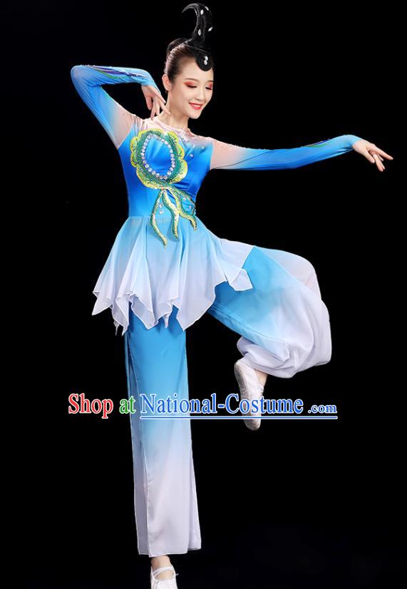 Top Women Group Stage Show Fashion Fan Dance Costume Yangko Dance Blue Outfit Folk Dance Clothing