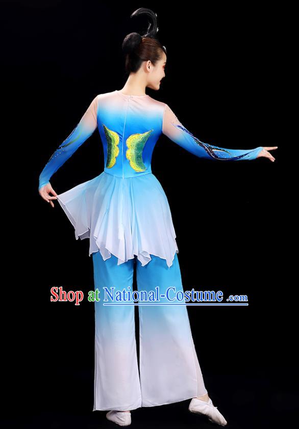 Top Women Group Stage Show Fashion Fan Dance Costume Yangko Dance Blue Outfit Folk Dance Clothing