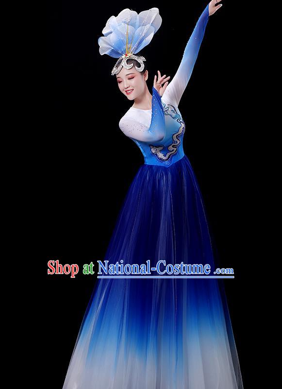 China Opening Dance Royal Blue Dress Women Group Performance Clothing Stage Show Fashion Flower Dance Costume