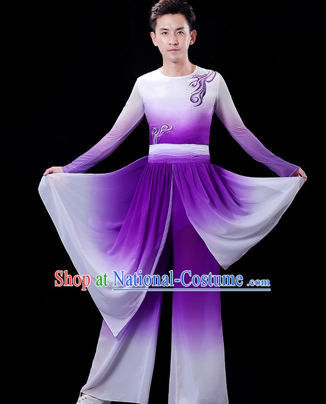 Top Male Group Fan Dance Clothing Stage Show Fashion Drum Dance Costume Folk Dance White and Purple Outfit