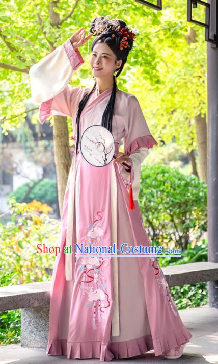 China Traditional Hanfu Garments Ancient Fairy Costumes Jin Dynasty Princess Pink Dresses