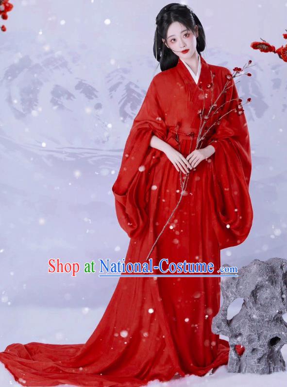 China Traditional Photography Hanfu Garments Ancient Swordswoman Costumes Jin Dynasty Young Lady Red Dresses