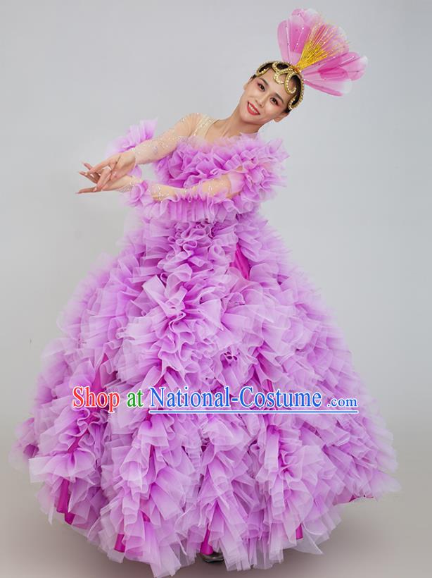 China Rose Dance Clothing Dancing Competition Purple Dress Women Group Show Opening Dance Costume