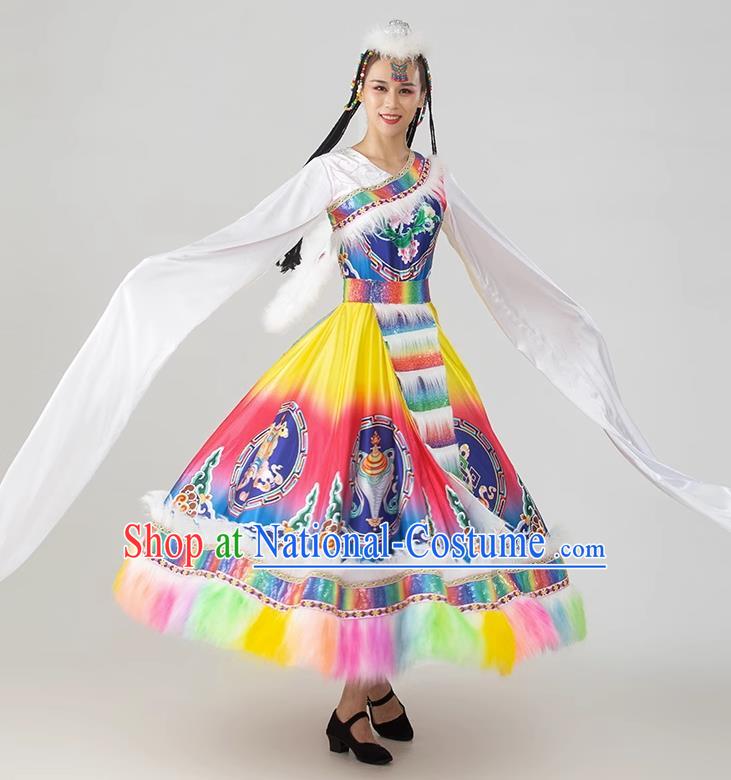 China Tibetan Ethnic Dancing Dress Women Group Show Costume Zang Nationality Water Sleeve Clothing