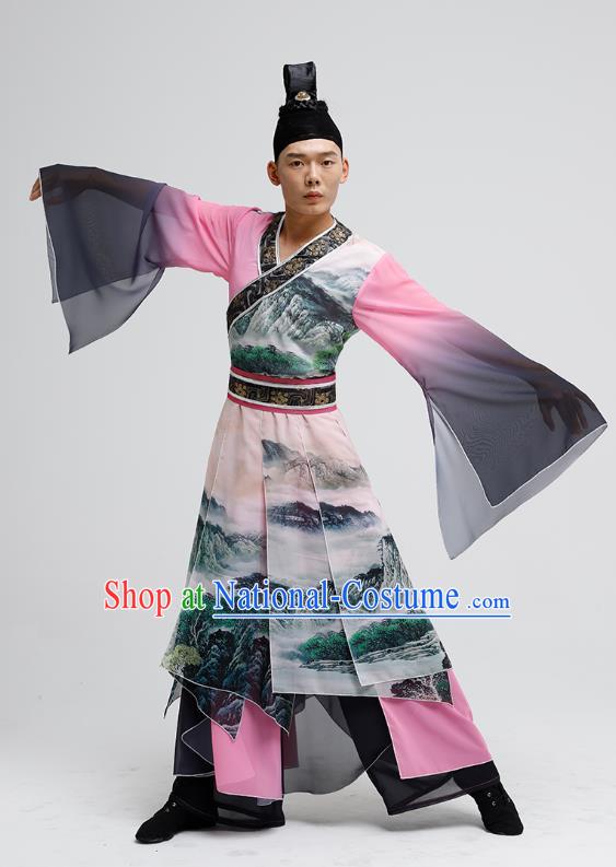 China Male Group Show Costume Classical Dance Clothing Ink Painting Landscape Outfit