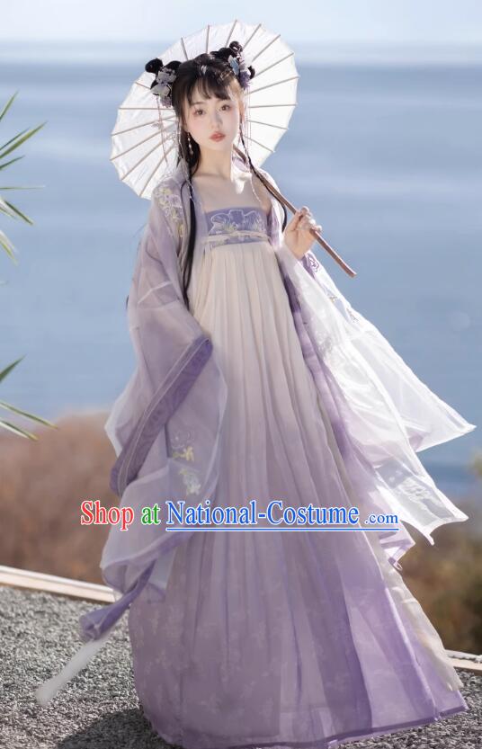 China Tang Dynasty Princess Lilac Costumes Ancient Young Woman Clothing Traditional Hanfu Dresses Complete Set