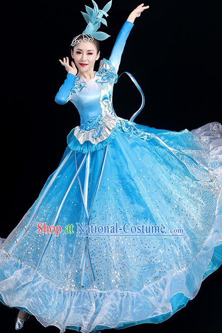 China Group Stage Performance Blue Dress Women Modern Dance Costume Opening Dance Clothing