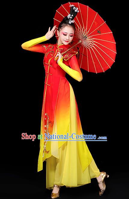 China Women Group Stage Performance Red Outfit Yangko Dance Costume Umbrella Dance Clothing