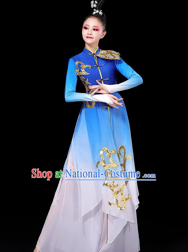 China Women Group Stage Performance Royal Blue Outfit Yangko Dance Costume Fan Dance Clothing