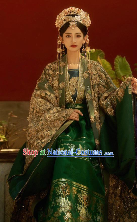 China Ancient Empress Green Dresses Ming Dynasty Queen Costumes Photography Garments