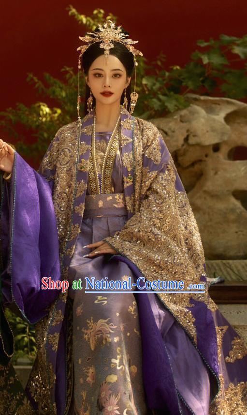 China TV Series Queen Embroidered Costumes Ming Dynasty Empress Purple Dresses Ancient Court Woman Clothing