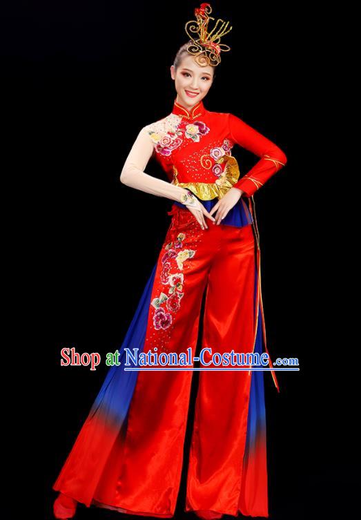 China Folk Dance Clothing Yangko Dance Red Outfit Women Group Stage Show Costume