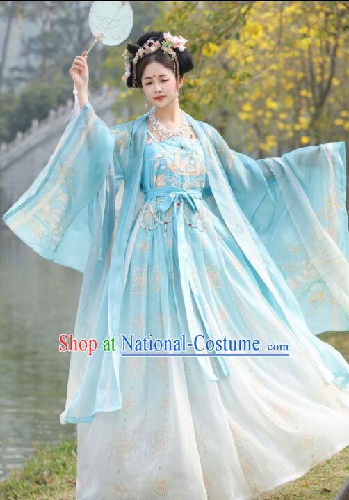 China Ancient Princess Clothing Blue Hanfu Dresses Tang Dynasty Court Lady Costumes