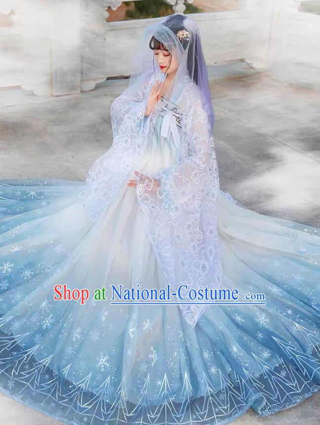 China Tang Dynasty Court Lady Costumes Ancient Princess Clothing Embroidered Blue Hanfu Dresses