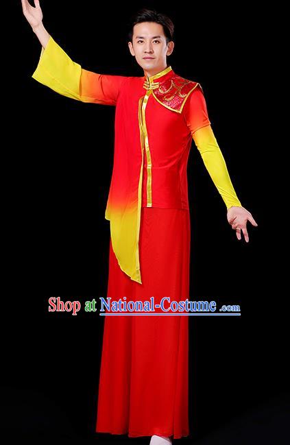 China Classical Dance Clothing Male Yangko Dance Red Outfit Group Stage Show Costume Fan Dance Fashion