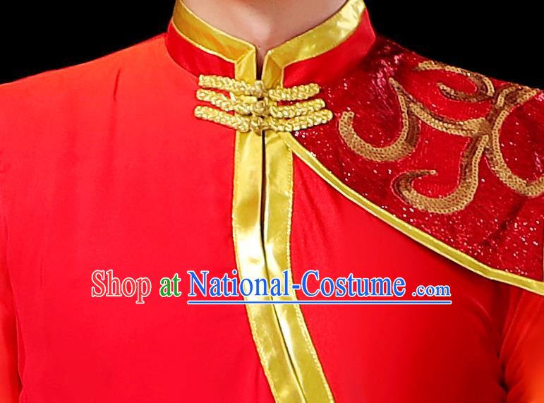 China Classical Dance Clothing Male Yangko Dance Red Outfit Group Stage Show Costume Fan Dance Fashion