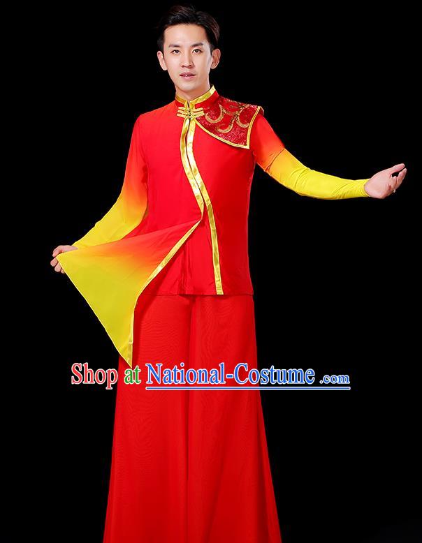 China Classical Dance Clothing Male Yangko Dance Red Outfit Group Stage Show Costume Fan Dance Fashion