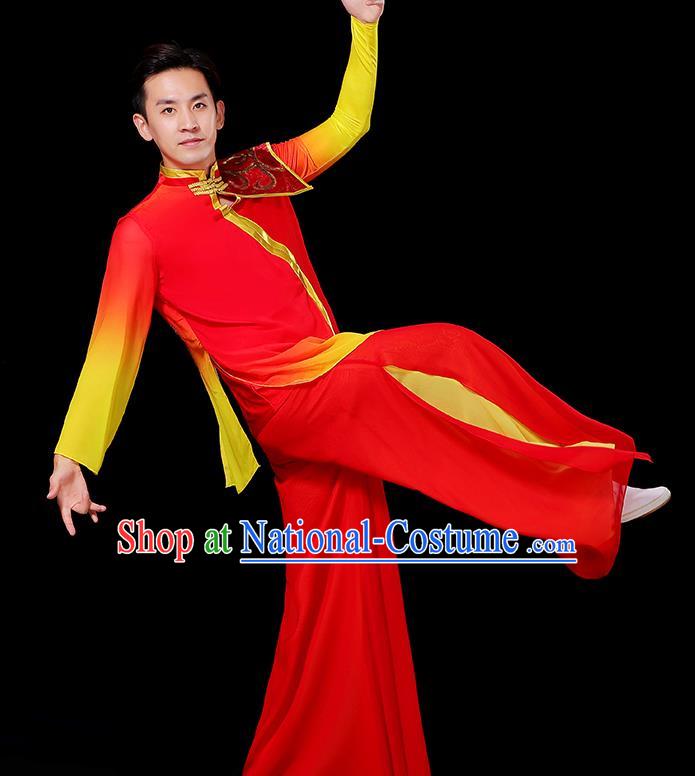 China Classical Dance Clothing Male Yangko Dance Red Outfit Group Stage Show Costume Fan Dance Fashion