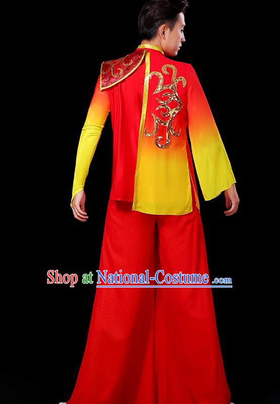 China Classical Dance Clothing Male Yangko Dance Red Outfit Group Stage Show Costume Fan Dance Fashion