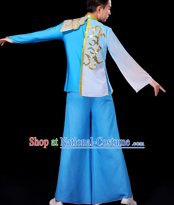 China Fan Dance Fashion Classical Dance Clothing Male Yangko Dance Blue Outfit Group Stage Show Costume