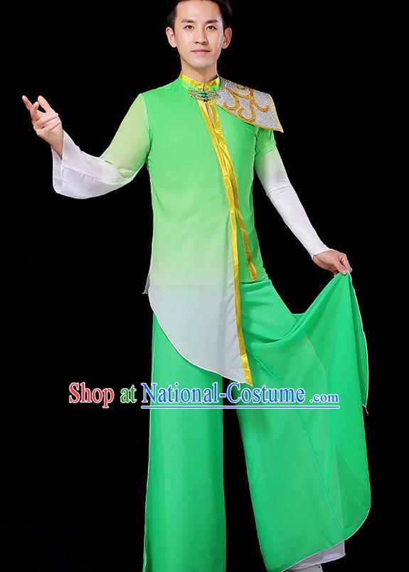 China Male Yangko Dance Green Outfit Group Stage Show Costume Fan Dance Fashion Classical Dance Clothing