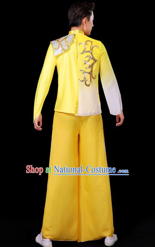 China Modern Dance Fashion Fan Dance Clothing Yangko Dance Yellow Outfit Male Group Stage Show Costume