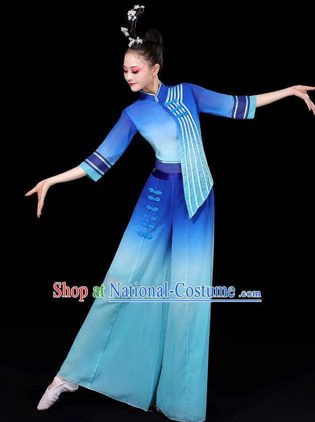 China Women Group Stage Show Costume Modern Dance Fashion Fan Dance Clothing Yangko Dance Blue Outfit