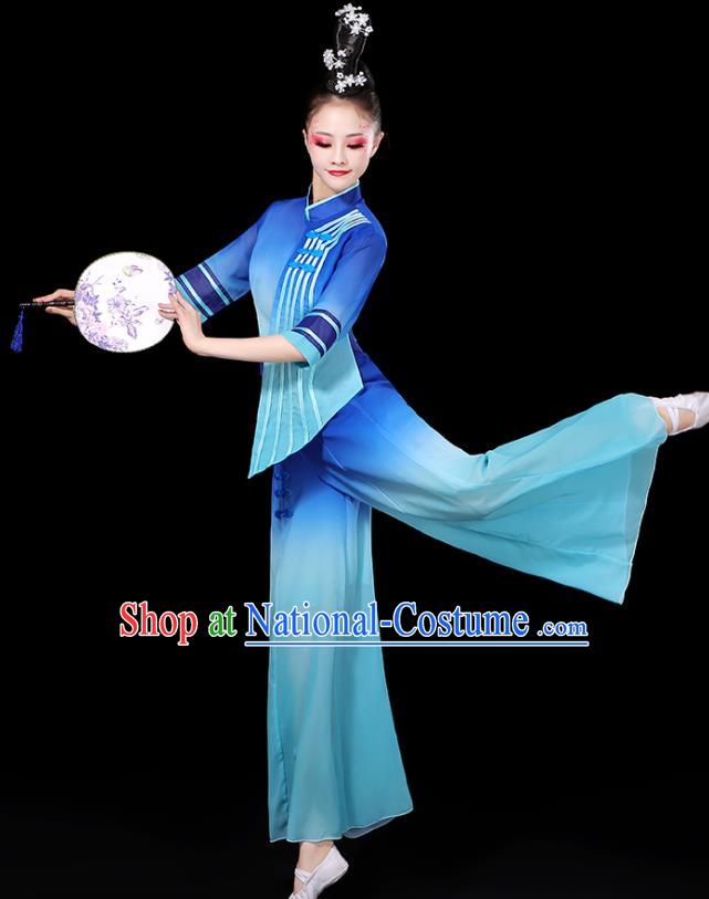 China Women Group Stage Show Costume Modern Dance Fashion Fan Dance Clothing Yangko Dance Blue Outfit