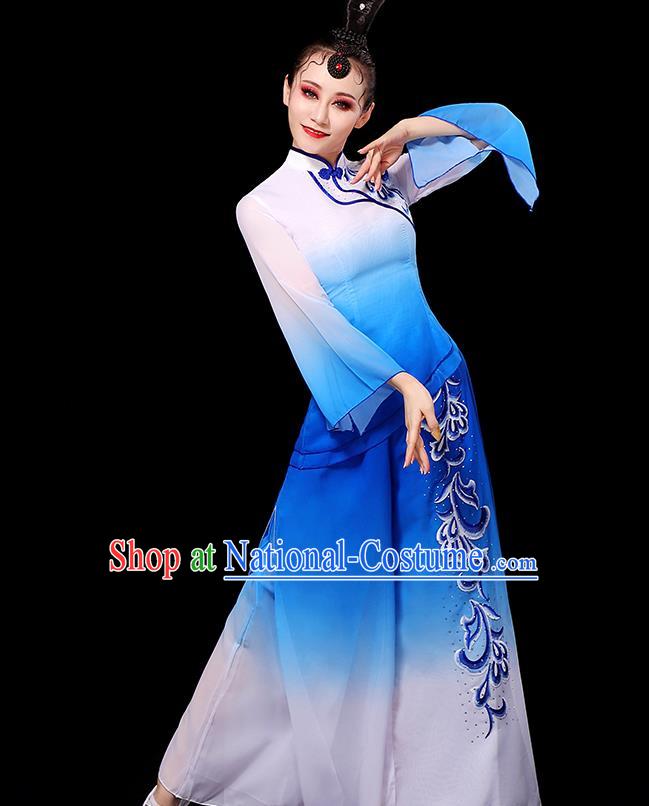 China Fan Dance Clothing Yangko Dance Gradient White Blue Outfit Women Group Stage Show Costume Modern Dance Fashion