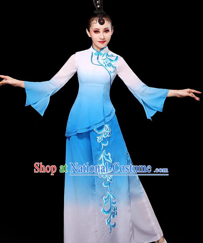 China Women Group Stage Show Costume Umbrella Dance Fashion Fan Dance Clothing Yangko Dance Gradient White Blue Outfit