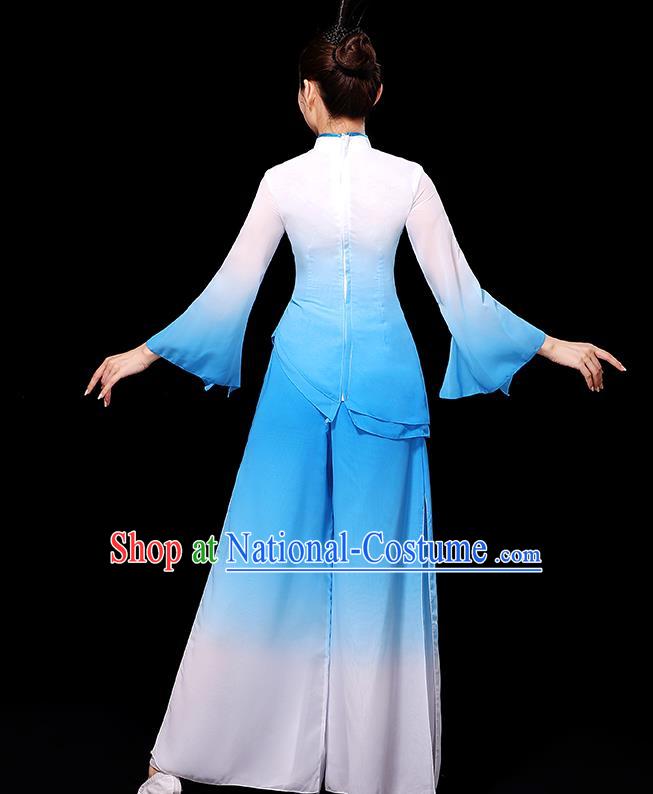 China Women Group Stage Show Costume Umbrella Dance Fashion Fan Dance Clothing Yangko Dance Gradient White Blue Outfit