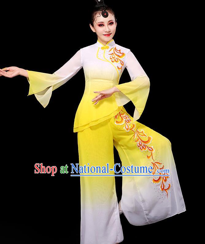 China Yangko Dance Gradient White Yellow Outfit Women Group Stage Show Costume Umbrella Dance Fashion Fan Dance Clothing