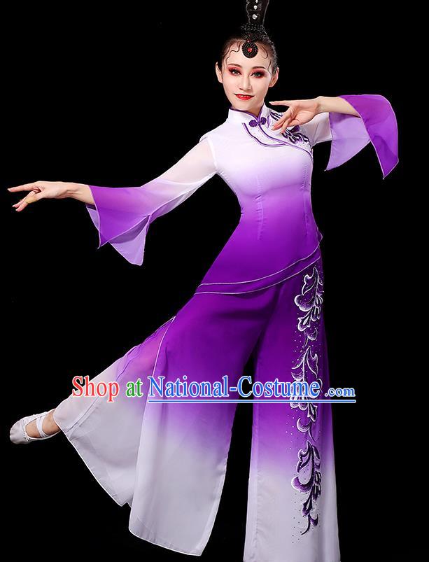 China Fan Dance Clothing Yangko Dance Gradient White Purple Outfit Women Group Show Costume Umbrella Dance Fashion