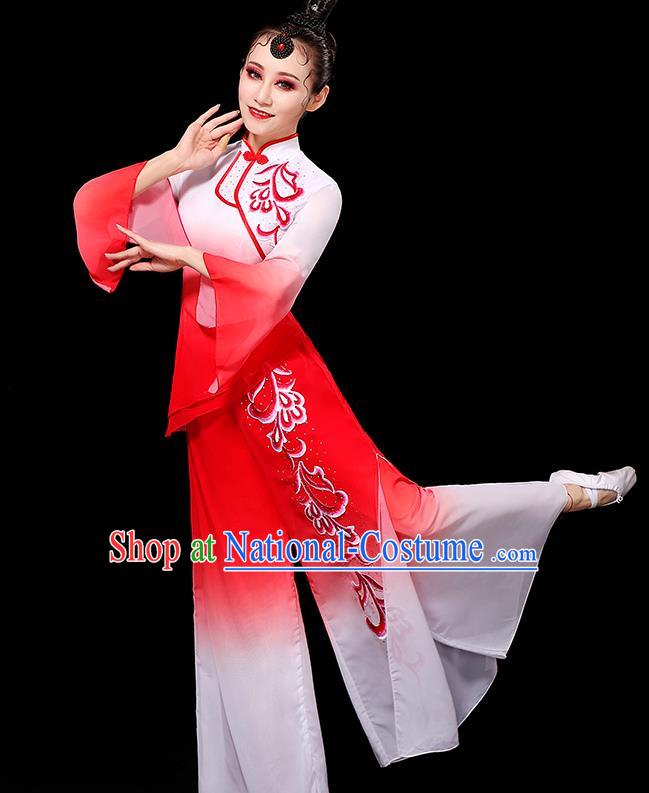 China Umbrella Dance Fashion Fan Dance Clothing Yangko Dance Gradient White Red Outfit Women Group Show Costume