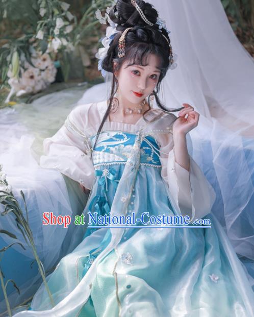 China Blue Hanfu Dresses Tang Dynasty Court Princess Costumes Ancient Fairy Embroidered Clothing