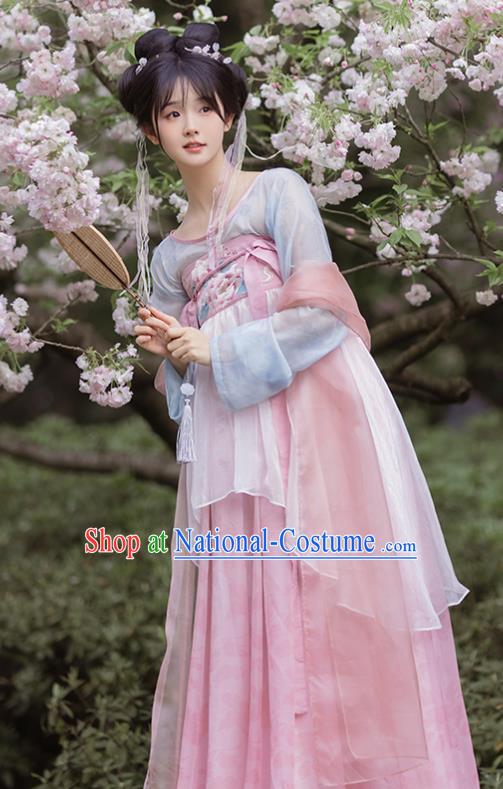 China Ancient Young Lady Embroidered Clothing Hanfu Pink Dresses Tang Dynasty Royal Princess Costumes