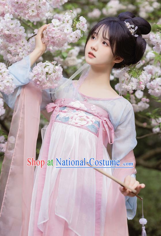 China Ancient Young Lady Embroidered Clothing Hanfu Pink Dresses Tang Dynasty Royal Princess Costumes