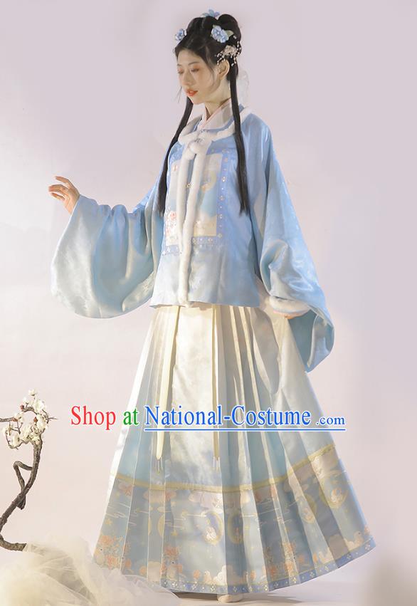 China Ancient Noble Lady Costumes Ming Dynasty Princess Winter Clothing Traditional Female Hanfu Dress Blue Coat Shirt Mamianqun Complete Set