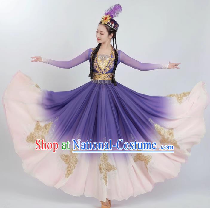 China Ethnic Fashion Xinjiang Dance Purple Dress Women Group Dance Clothing Uyghur Nationality Dance Costume