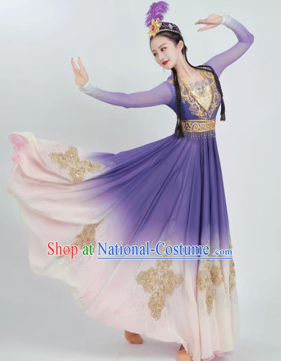 China Ethnic Fashion Xinjiang Dance Purple Dress Women Group Dance Clothing Uyghur Nationality Dance Costume