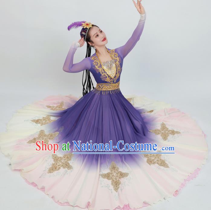 China Ethnic Fashion Xinjiang Dance Purple Dress Women Group Dance Clothing Uyghur Nationality Dance Costume