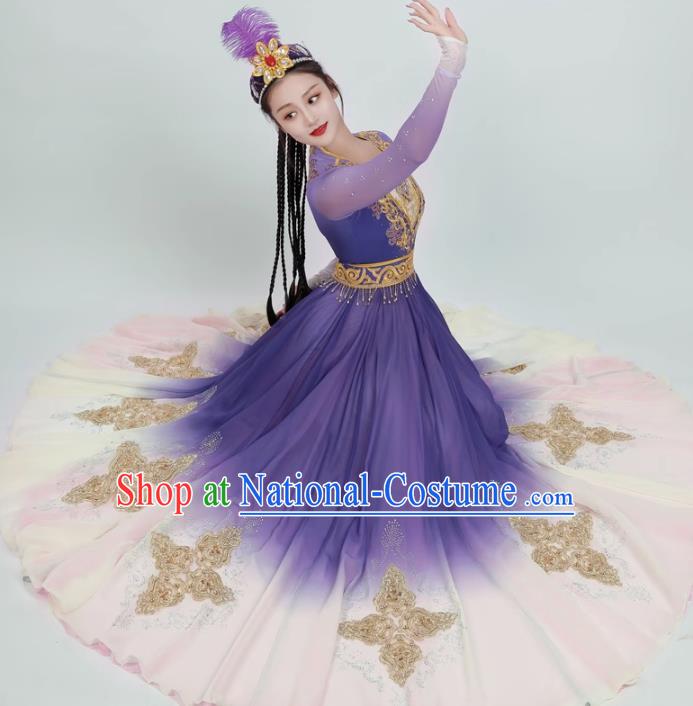 China Ethnic Fashion Xinjiang Dance Purple Dress Women Group Dance Clothing Uyghur Nationality Dance Costume