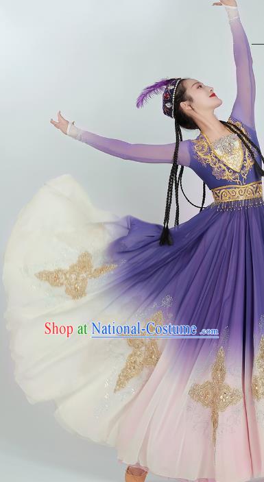 China Ethnic Fashion Xinjiang Dance Purple Dress Women Group Dance Clothing Uyghur Nationality Dance Costume