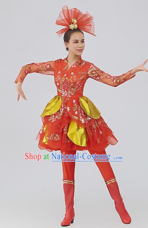 China Drum Dance Fashion Modern Dance Red Dress Women Group Yangko Dance Clothing Lantern Dance Costume