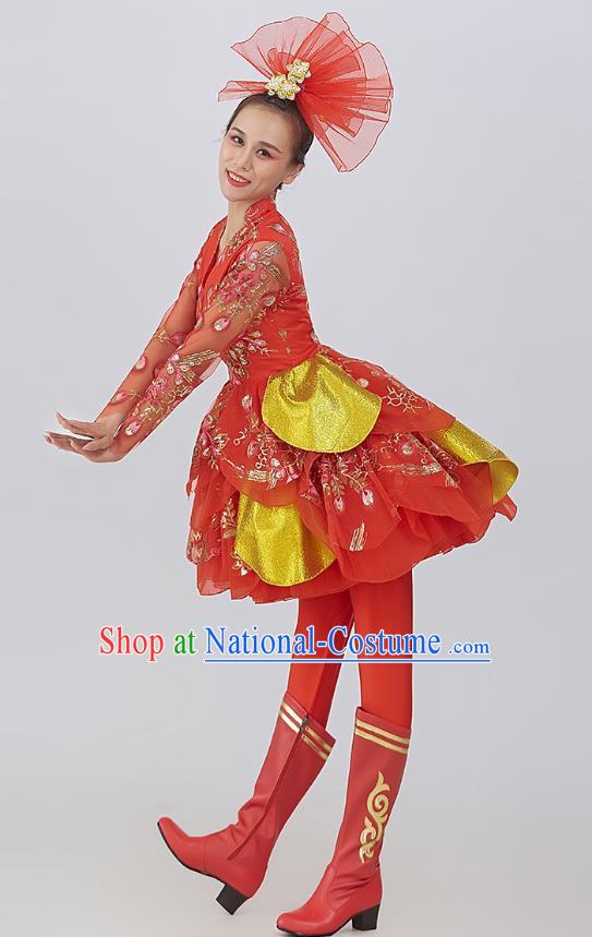 China Drum Dance Fashion Modern Dance Red Dress Women Group Yangko Dance Clothing Lantern Dance Costume